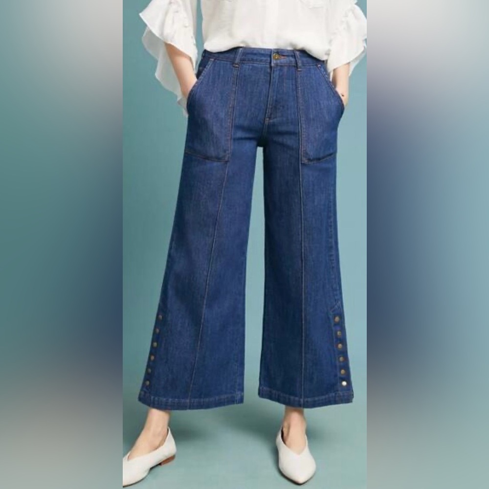 Anthropologie Pilcro Wide Leg Seamed Cropped Dark Wash Jeans with Snap Detail 25